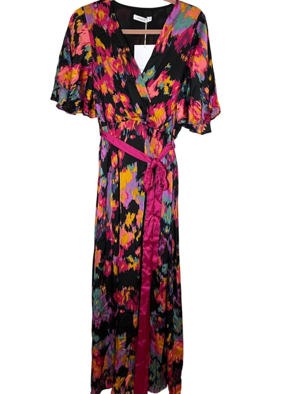 Colorful Floral Maxi Belt Dress Pink S Tie Dye Festival Summer Preppy Chic Glam